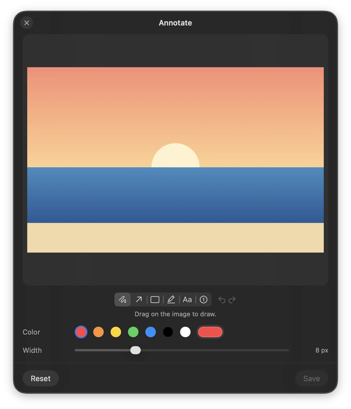 The Annotate editor with drawing tools, colours and a line width slider