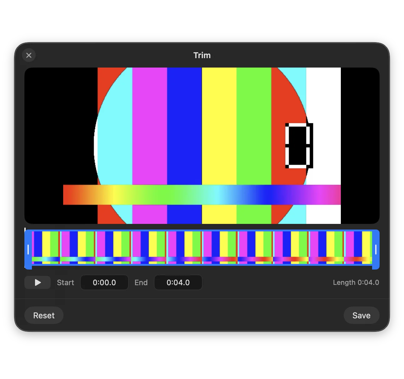The Trim editor showing a video preview above a filmstrip with selection handles