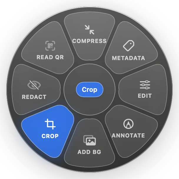 The Tools wheel for a photo, with Crop highlighted among Compress, Metadata, Edit, Annotate, Add BG, Redact and Read QR